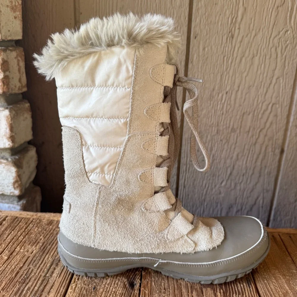 The North Face Shellista Lace Up Winter Boots Tan Suede Faux Fur Women 8 A0Z3
